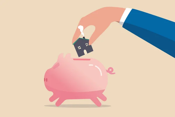 住宅ローンや住宅ローンのための貯蓄は 下の支払いの概念のためのお金を収集し ピンクの貯金箱に暖かい家族の家の挿入を保持人間 — ストックベクタ