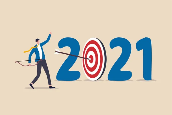 2021年の新年の決議 事業戦略計画と目標達成 暦年の概念の財務目標 自信ビジネスマンのリーダーは2021年の目標年の強気目を打つ射手矢を射た — ストックベクタ