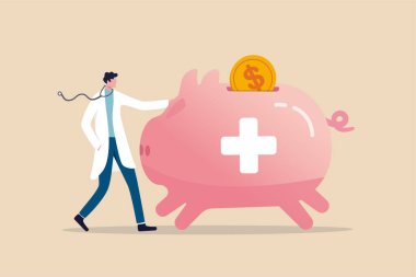 Sağlık Tasarruf Hesabı, HSA, sağlık giderleri ya da sağlık sigortası ve sosyal yardım için tasarruf planı, steteskobu olan doktor elinde kocaman pembe bir kumbara ya da tıbbi işaretli bozuk para bankası ile ayakta duruyor..