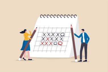 Çalışma takvimi, proje yönetimi zaman çizelgesi veya iş planlama ve hatırlatma konsepti, akıllı işadamı ve kadın ofis çalışanı elinde büyük kalemlerle proje takvimini tartışıyor.