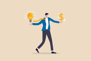 Para, yenilik ve yaratıcılık kazanma fikri kar yatırımı veya finansal planlama konsepti, elinde ampul ve diğer elinde dolar işareti olan akıllı iş adamı fikri.