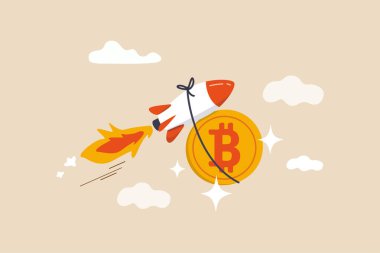 Bitcoin fiyatı rekor yüksekliğe ulaştı, kripto para yatırımcısı büyüyen yüksek değerli ticaret konseptiyle zengin oldu, bitcoin tutan hızlı roket madeni para uzay bulutu içinde yüksek uçan.