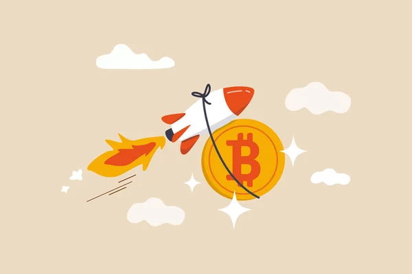 Bitcoin-Kurs explodiert auf Rekordhoch, Kryptowährungs-Investor wurde reich mit Wachstumskonzept mit hohem Wert, schnelles Raketenschiff mit Bitcoin-physischem Coin fliegt hoch durch die Weltraumwolke. — Stockillustration Bitcoin Kurs Explodiert Auf Rekordhoch Kryptowährungs Investor Wurde Reich Mit — Stockvektor