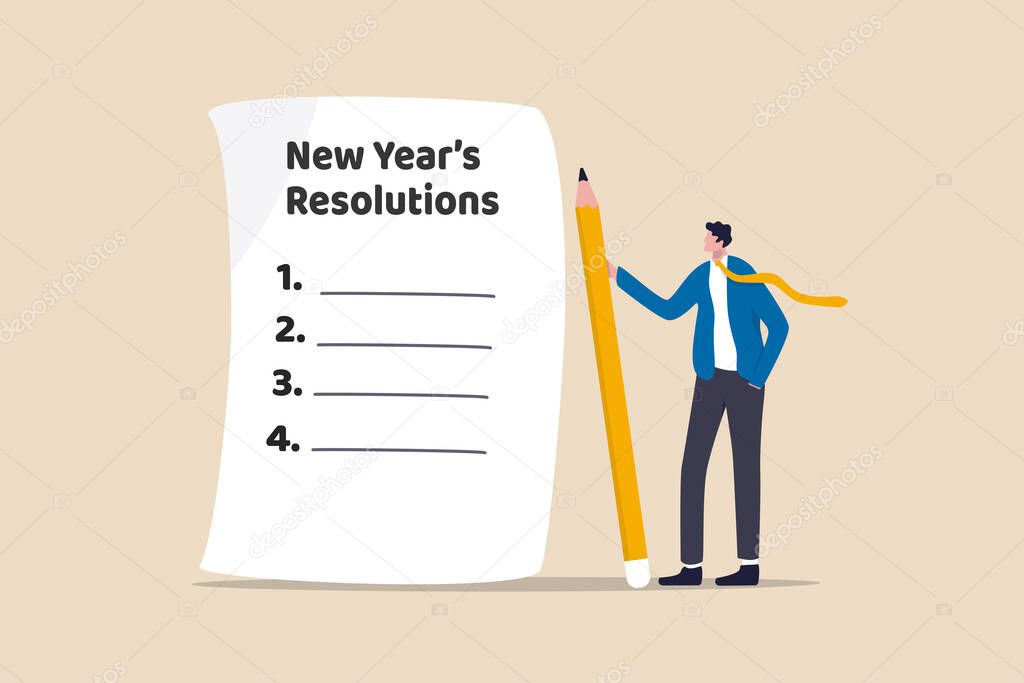 New year's resolutions, set goal or business target for new year or beginning with work challenge concept, smart businessman holding big pencil thinking about new year's resolution on notepad paper.