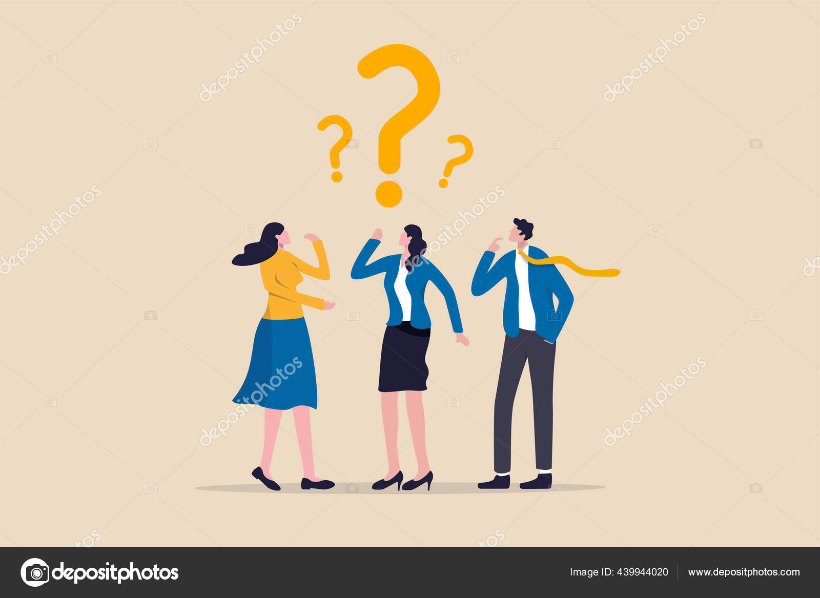 混淆不清的商业团队在工作过程概念商人和有问号符号的女性团队思维中找到了解决问题工作问题或疑问的答案或解决方案
