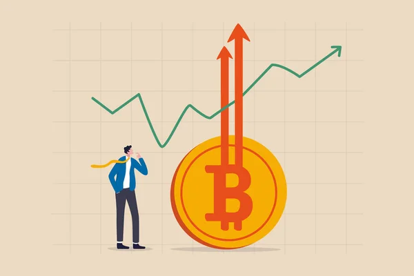 Bitcoin Btc Szárnyaló Magas Hit Magas Rekord Koncepció Üzletember Befektető — Stock Vector