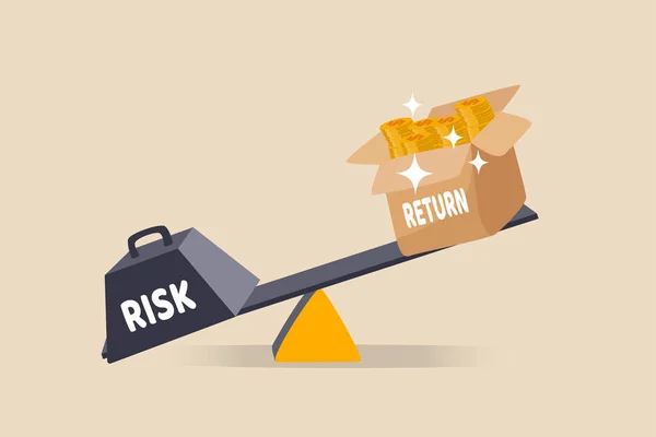 投資リスクの高い期待収益率 有価証券や投資資産への投資家のリスク食欲が高い報酬概念を得るために 重いリスク負担とのバランスが豊かなお金の箱を作るドル報酬 — ストックベクタ
