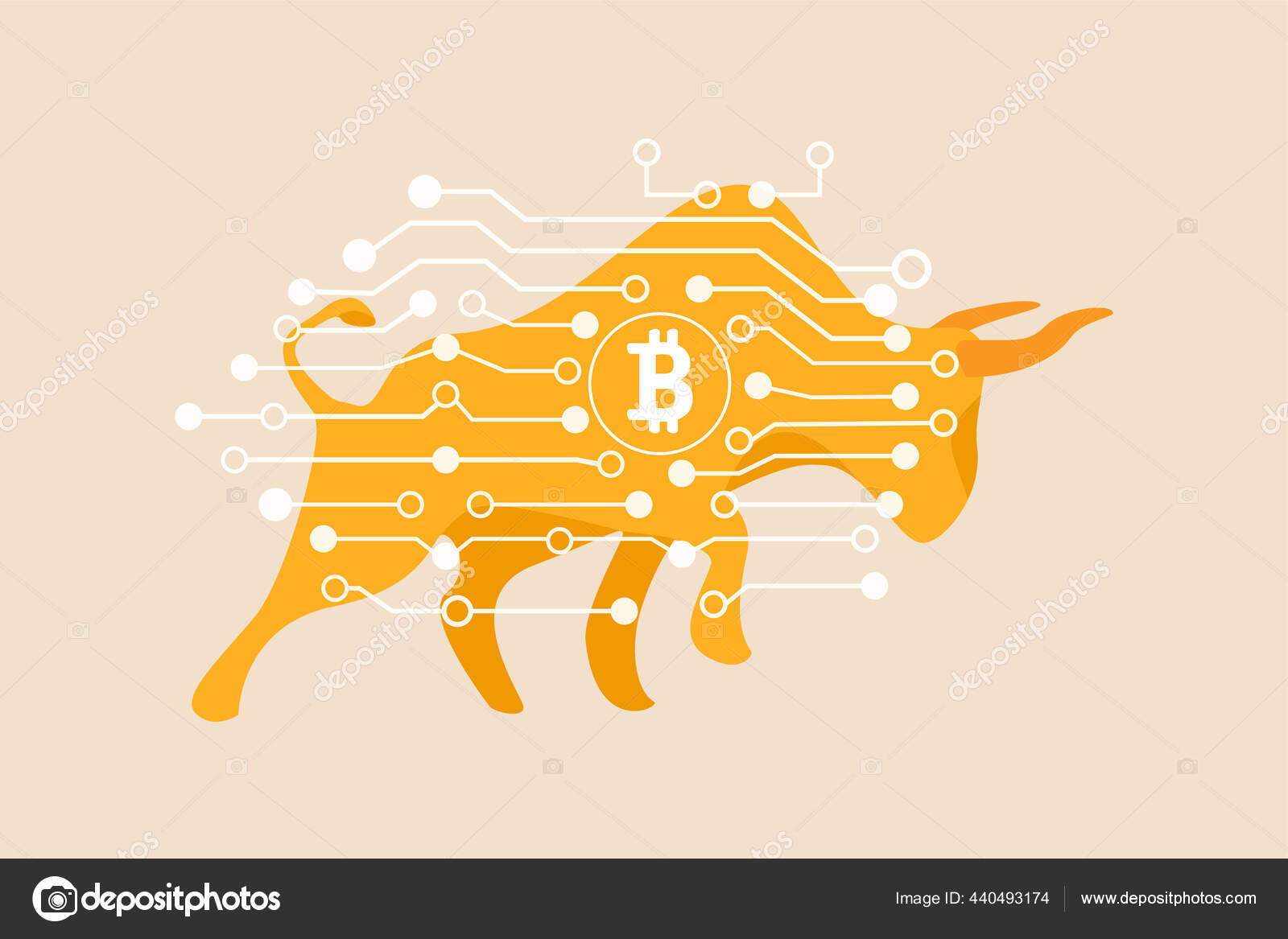 比特币加密货币牛市加密货币飞涨冲击新的高纪录概念金牛与数字电子图形新技术区块链货币图库矢量图©eamesBot 440493174