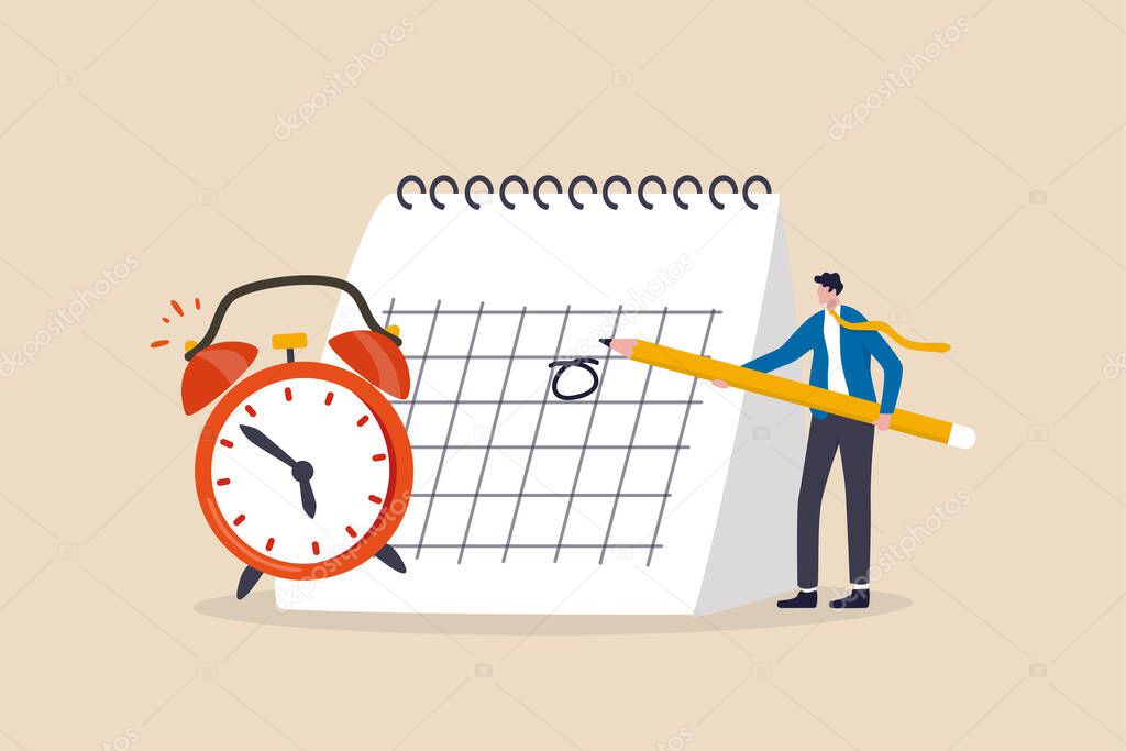 Schedule business appointment, important date, working project plan or reminder concept, smart businessman using pencil to mark important appointment date on calendar with alarm clock.