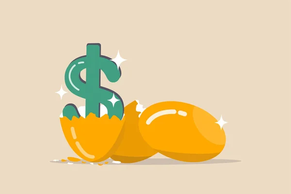 Wachstum oder Wert Aktien Investitionen, Gewinne oder Dividenden aus Aktienmarkt Metapher oder Gewinn und Rendite aus Anlagevermögen Konzept, glänzende goldene Eier mit einem ausgebrütet als US-Dollar-Geldzeichen. — Stockillustration Wachstum Oder Wert Aktien Investitionen Gewinne Oder Dividenden Aus Aktienmarkt — Stockvektor