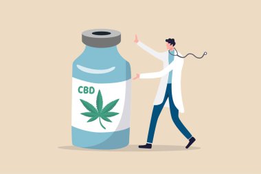 Tıbbi esrar, yasal esrardan elde edilen marihuana yağı hastalık konseptini tedavi etmek için kullanılır, steteskoplu doktor alternatif sağlık hizmetleri için bir şişe kenevir yağı tanıtır.