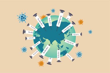 COVID-19 aşı uygulaması, sürü bağışıklığı oluşturulması, Coronavirus COVID-19 aşı konseptinin dünya çapında dağıtımı, Dünya 'ya virüs mikrobu yerleştirilmiş iğneli şırıngalar..