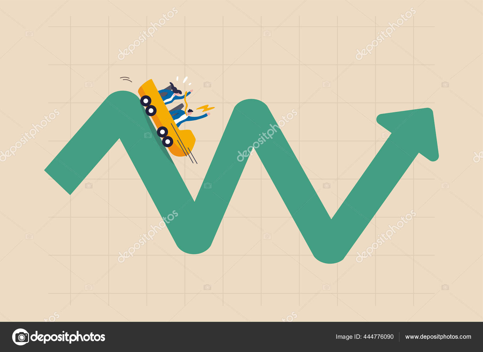 乘云霄飞车的投资波动性隐喻金融市场涨跌波动的概念人民投资者乘云霄飞车在波动的市场图上图库矢量图©eamesBot 444776090