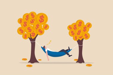 Passive income, earning with no effort by make profit or dividend from investment and achieve financial freedom concept, happy rich businessman sleeping in hammock tied on money tree with dollar coins clipart