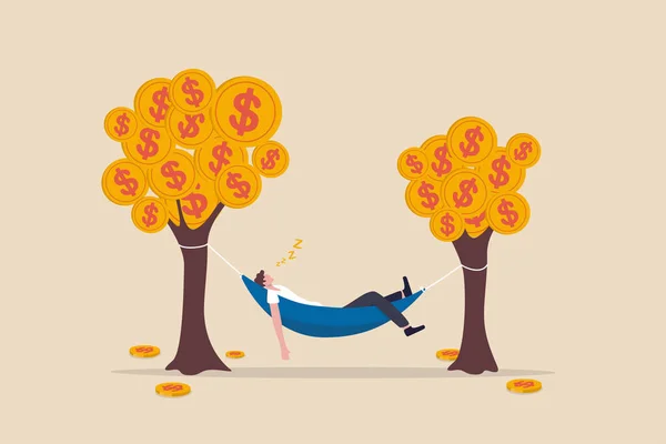 Pasif gelir, kazanç elde etmek için hiç çaba sarf etmeden yatırım yapmak ve finansal özgürlük kavramını elde etmek, hamakta uyuyan zengin iş adamı para ağaçlarında dolar sikkeleriyle bağlı.