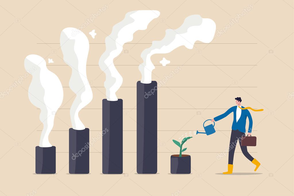 Climate crisis and environment policy, ESG or ecology problem concept, businessman leader watering seedling  plant on bar graph with pollution smoke rising up.