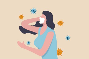 Coronavirus COVID-19 salgını, yalnızlık karantinası anksiyete ve duygusal gerilim konseptine neden oluyor, depresif kadın koruyucu yüz maskesi takıyor ve Coronavirus patojeni taşıyor..