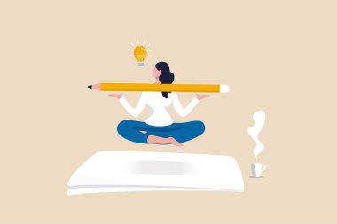 Yazar ilhamı, blogcu, metin yazarı ya da gazeteci yaratıcılık kavramı, genç kadın yazar boş kağıt üzerinde meditasyon yapıyor ve elinde blogunda veya günlüğünde yazma fikri hakkında büyük bir kalem tutuyor..