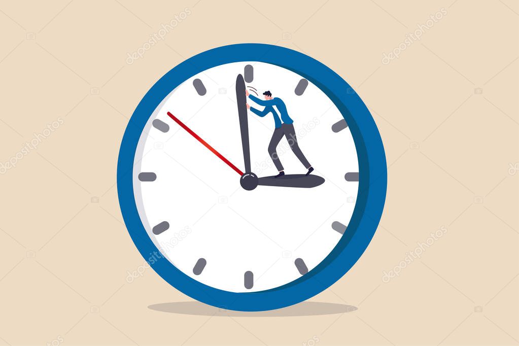 Turn back time to change or fix mistake, inevitable failure or urgency closed to deadline concept, businessman standing on clock hour hand manage to push back minute hand to turn back time.
