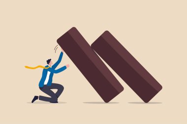 Ticari esneklik, hayatta kalmak için çalışma esnekliği ekonomik kriz, dayanıklılık ve iş dünyasında başarı kavramına uyum sağlama, kendinden emin güçlü iş adamı düşen dominoları geri püskürttü