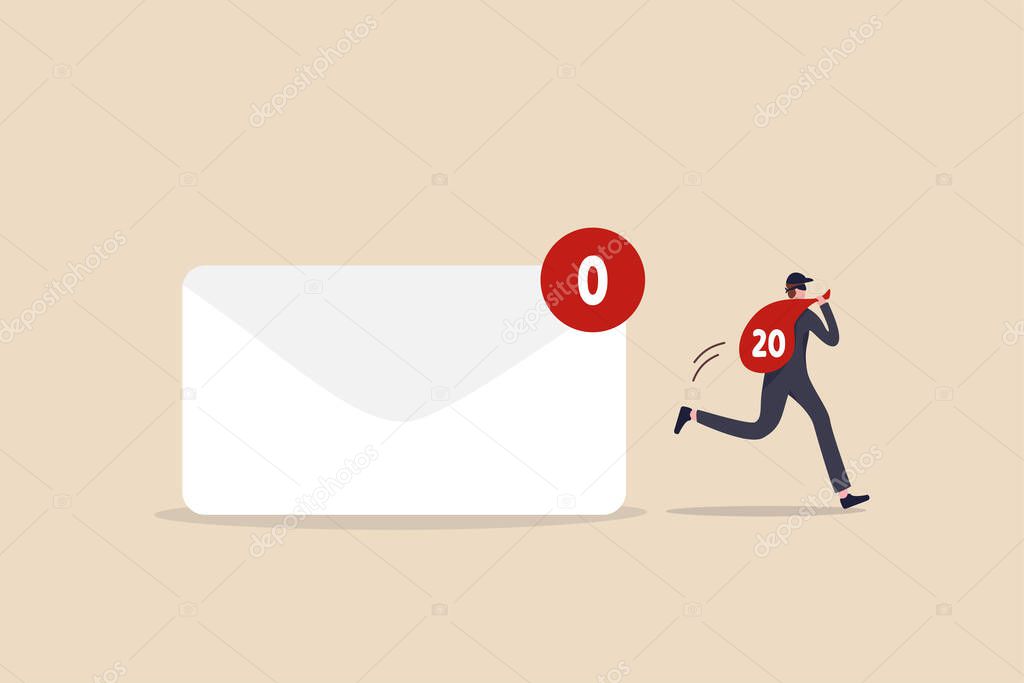 Data privacy, personal email confidential, thief, cyber hacker or email provider show advertising based on inside information concept, thief holding red bag full of data from letter with no new email.