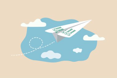 Tamamlanmış görevlere verimlilik ve verimlilik, yapılacaklar listesi, çalışma planı başarı konsepti, işaretlenmiş işaretlenmiş kutulu kağıt uçak origamisi ya da tamamlanmış olarak gökyüzüne uçma.