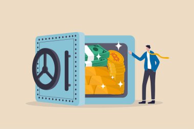 Alternatif finansal varlıklar, kripto para birimi bitcoin, yatırım emeklilik planı konsepti için nakit ve altın, içinde para, altın ve bitcoin dolu güvenlik kasası olan iş adamı yatırımcısı