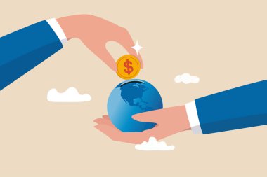 Uluslararası ekonomi, küresel yatırım, dünya çapında finansal fırsatlar, gelişmiş pazar ve yükselen piyasa konsepti, iş adamı el dünyanın bozuk para bankasına dolar para koydu.