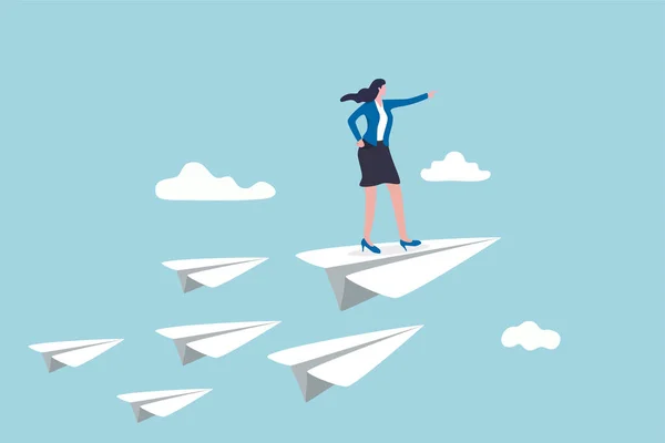 ビジネスリーダーシップ 目標を達成するために会社をリードする女性の力 目標に到達する方向に指を指す紙飛行機の折り紙をリードする上で立ってスマート信頼ビジネス女性 — ストックベクタ