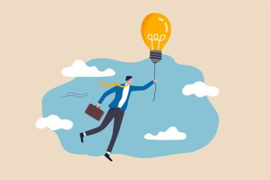 İş problemini, icadı ya da iş büyümesini ya da iş başarısı kavramını yönlendirmek için yenilikleri çözmek için büyük bir fikir. Akıllı iş adamı elinde ampulü havada süzülen bir balon tutuyor..