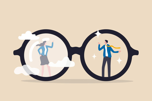 Gender bias, sexism inequality in workplace and social, prejudice, stereotyping, or discrimination against women concept, eyeglasses with clear vision on businessman and unclear blurry vision on woman