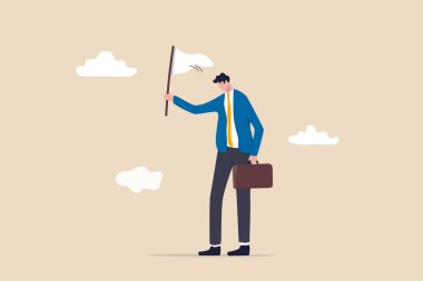 Vazgeç ya da iş savaşında teslim ol, işi bırakma zamanı ya da başarısız şirket konseptini bırakma zamanı, üzgün iş adamı beyaz bayrak sallıyor ya da işten ve işten vazgeçiyor..