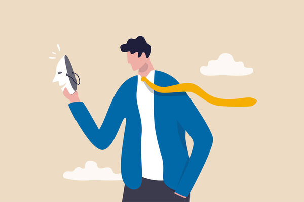 Синдром самозванца, лицемерие, нечестный бизнес или лжец, подделка, преступление или мошенничество, депрессивный анонимный бизнесмен, держащий улыбающуюся маску, думающий о том, чтобы быть или вести себя как другой человек.