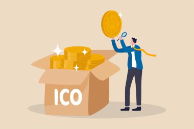 ICO, Piyasa konsepti ticareti için yeni şifreli para teklif etme süreci, iş adamı yatırımcı veya para üreticisi yeni şifreli para seçiyor ve ayrıntıları inceliyor.