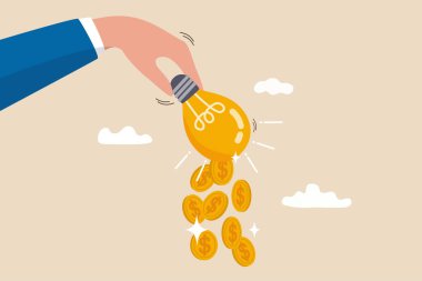 Para, finansal yenilik veya yatırım fikirleri, yaratıcılık kavramından kazanç veya kâr elde etme fikri, iş adamının elinden düşen dolar para lambayı sallama veya ampul fikri