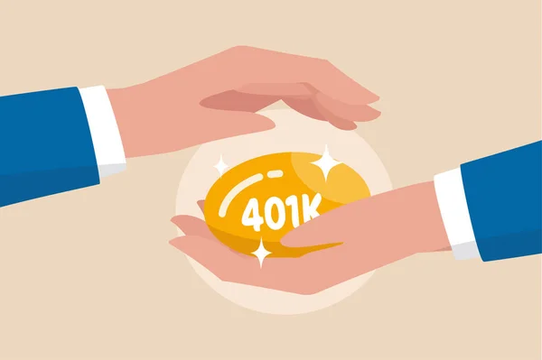 在经济危机 退休计划和投资中保护你的401K 受益于养老基金的理念 商人手握金蛋 用401K的标签盖住金蛋 — 图库矢量图片