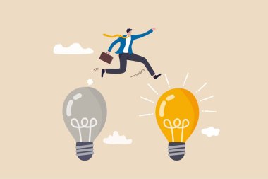 Business transformation, change management or transition to better innovative company, improvement and adaptation to new normal concept, smart businessman jump from old to new shiny lightbulb idea. clipart