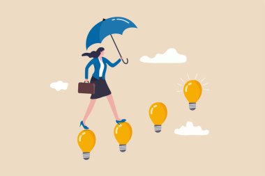 Career success with business knowledge or creativity, woman leadership or career growth and achievement concept, smart businesswoman walking on innovative light bulb idea lamp as stairway to success. clipart