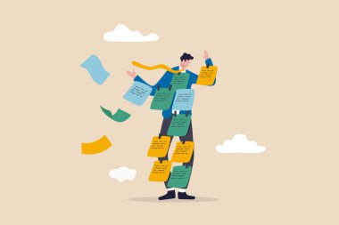 Çok fazla fikir, fazla çalışma ya da yoğun program ve hatırlatıcılar, geciktirme ya da çoklu iş kolik konsept, denenmiş işadamı örtüsü ile onun hakkında yapışkan yapışkan yapışkan notlar ile meşgul.