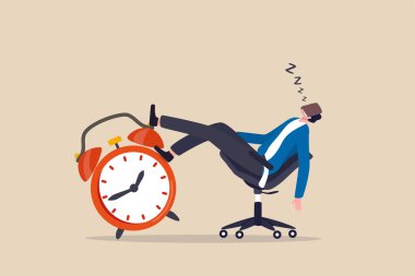 Afternoon slump, laziness and procrastination postpone work to do later, boredom and sleepy work concept, businessman sleeping lay down on office chair and alarm clock covered his face with book. clipart