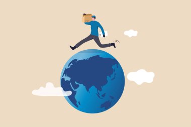 Küresel lojistik hizmeti, dünya ithalat ve ihracat taşımacılığı, nakliyat ve iyi teslimat konsepti, lojistik nakliye işçisi dünya üzerinde teslimat için büyük bir paket taşıyor.