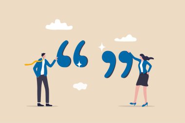 İnsanları motive etmek için ilham alıntıları, iş alıntıları veya başarı kavramına ulaşma mesajı, tırnak işareti ile ayakta duran akıllı iş adamı ve iş kadını.