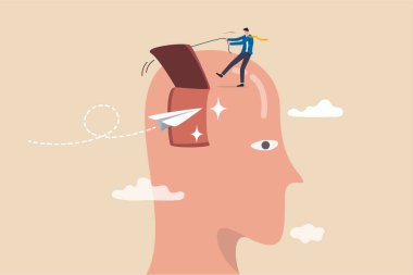 Yeni bir mesaj ya da ilham almak için açık fikirli olun, beyninizi yeni bir fikir için özgür bırakın ya da ego kavramınızı özgür bırakın, iş adamı insan kafasının üstündeki pencereyi açıp origami kağıdının uçmasına izin verin..