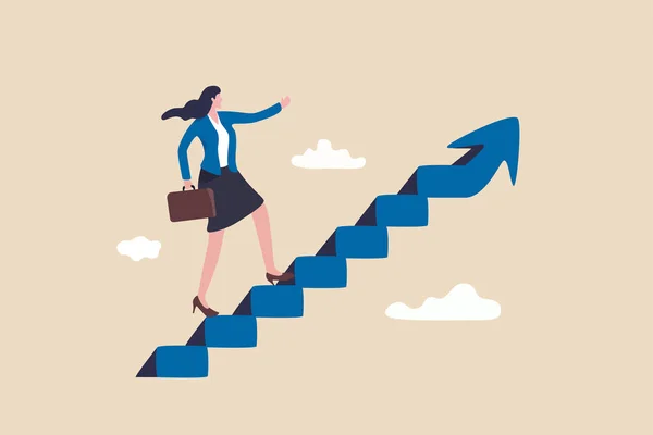 女性や女性のリーダーシップ 目標達成とビジネス上の課題や男女共同参画の概念のためのキャリアの成功 自信ビジネス女性は矢印を指して階段を登る小さな一歩を踏み出す — ストックベクタ