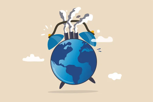 世界の気候変動の危機または地球温暖化の警告 私たちの世界環境の概念を世話する時間 汚染煙業界を頂点に目覚まし時計として世界地図で地球や地球 — ストックベクタ