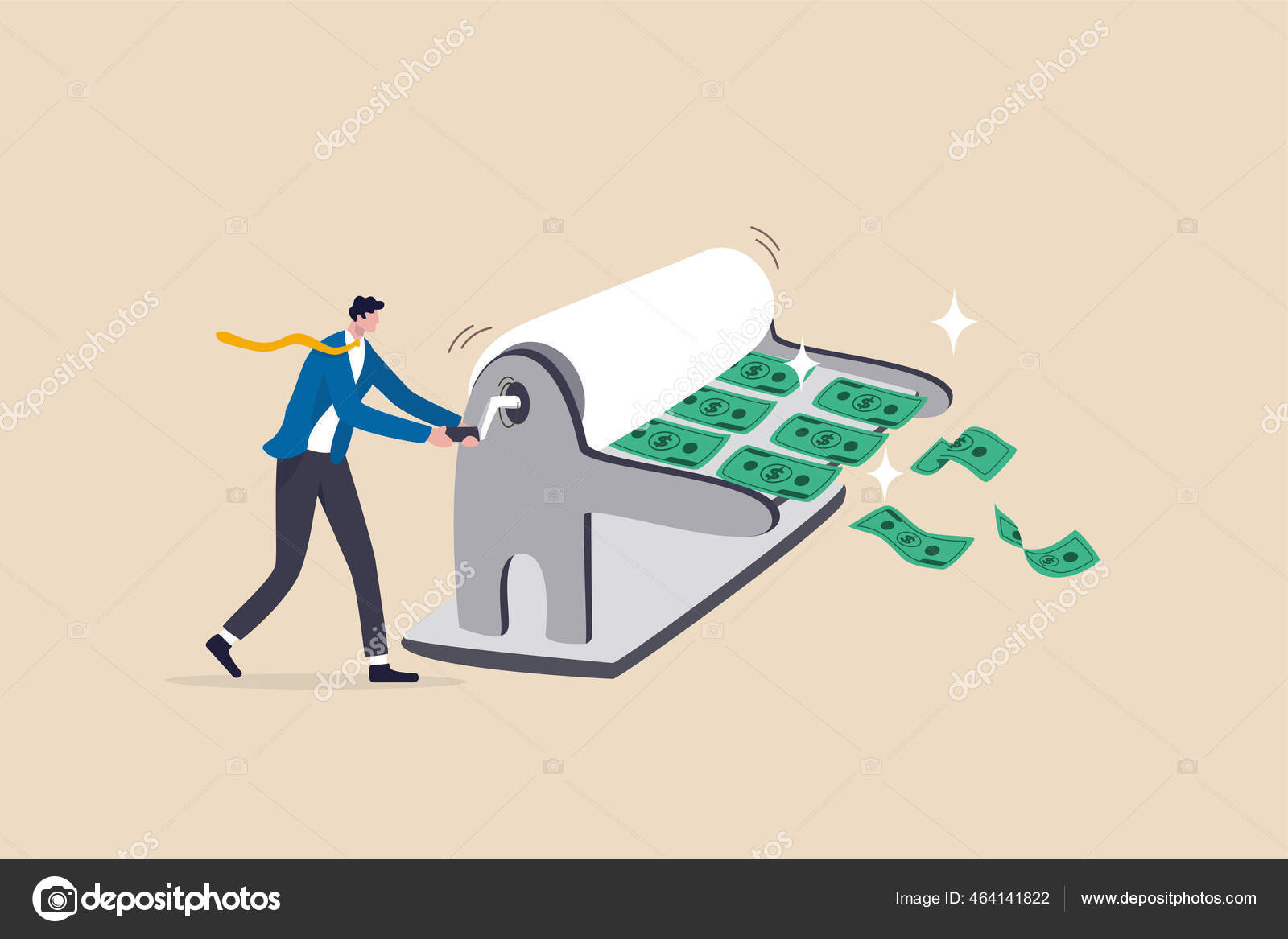 各国央行或Fed的量化宽松政策联邦储备刺激经济学概念商人央行行长滚动印钞机印钞图库矢量图©eamesBot 464141822