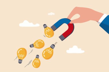 Yeni iş konsepti için yeni fikirler, yaratıcılık veya yenilik yaratmak için hayal gücü, mıknatıslamak veya ampul lambası fikirlerini çizmek için iş adamı eli mıknatısı.