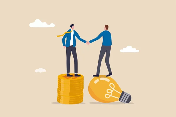 アイデアピッチング 資金調達とベンチャー資本 販売事業または合併契約の概念 電球のアイデアランプに立っている起業家起業家はお金のコインスタック上のVcと握手 — ストックベクタ