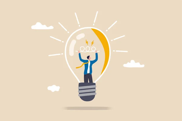 企业家精神 好奇心和创造力来创造新的想法 成功的动力或解决问题的概念 聪明的商人走进灯泡里修理或发明新的想法 — 图库矢量图片
