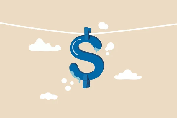 Geldwäsche und Finanzkriminalität, Reinigung des Schmutzgeldprozesses, Steuerbetrug oder illegales Gewinnkonzept, US-Dollar-Schild hängt nach der Wäsche trocken oder wäscht Metapher der Geldwäsche. — Stockillustration Geldwäsche Und Finanzkriminalität Reinigung Des Schmutzgeldprozesses Steuerbetrug Oder Illegales Gewinnkonzept — Stockvektor